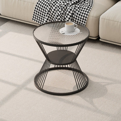 Modern Minimalist Round Hourglass Shape Glass Iron Coffee Table 2-Tier For Living Room