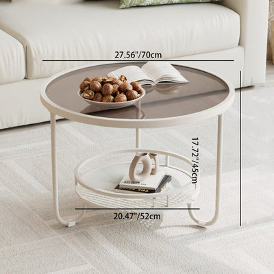 Modern Simplicity Round Striped Glass Slab Metal Coffee Table 2-Tier For Living Room