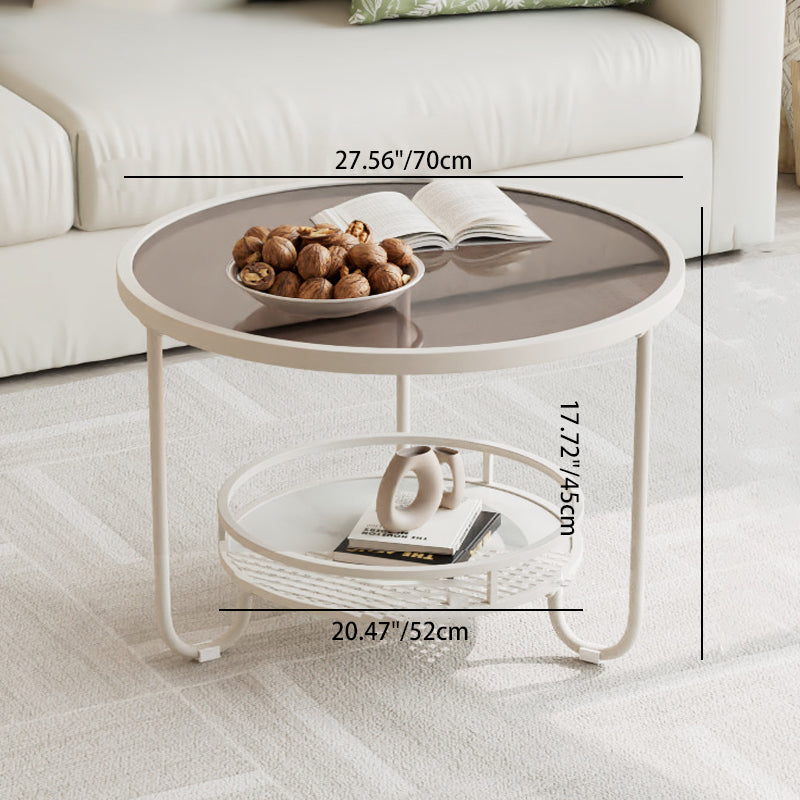 Modern Simplicity Round Striped Glass Slab Metal Coffee Table 2-Tier For Living Room