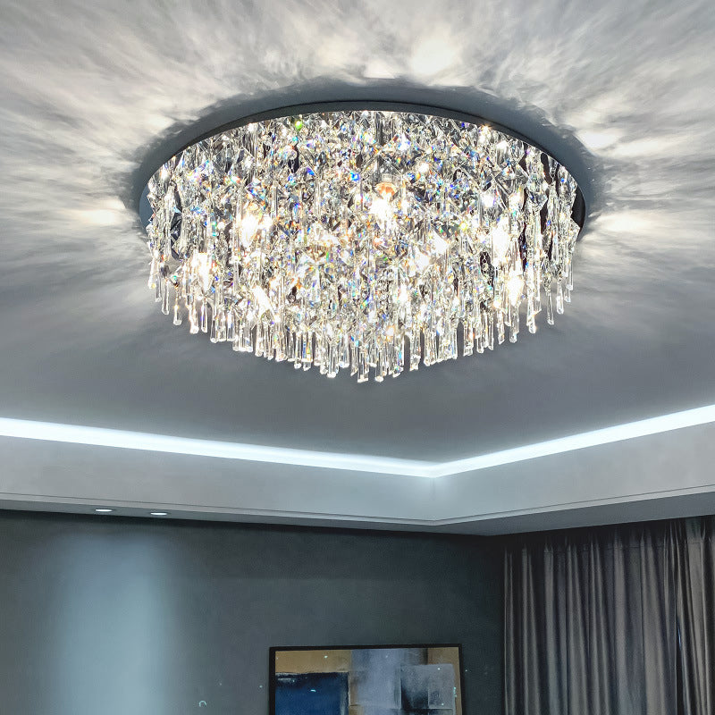 Contemporary Luxury Dazzling Prismatic Crystal Strings Stainless Steel Round Frame 2/6/8-Light Flush Mount Ceiling Light For Living Room