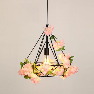 Contemporary Retro Iron Hemp Rope Simulated Greenery Diamond Sakura Leaf 1-Light Pendant Light For Dining Room