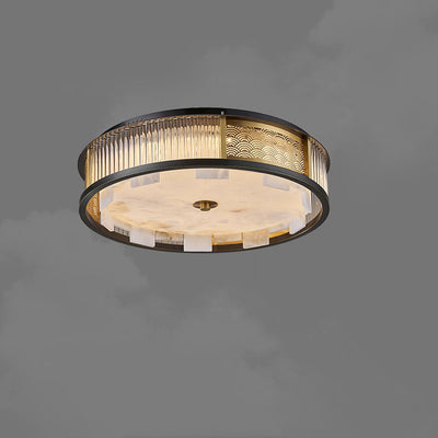 Traditional Chinese Luxury Marble Brass Round LED Flush Mount Ceiling Light For Living Room