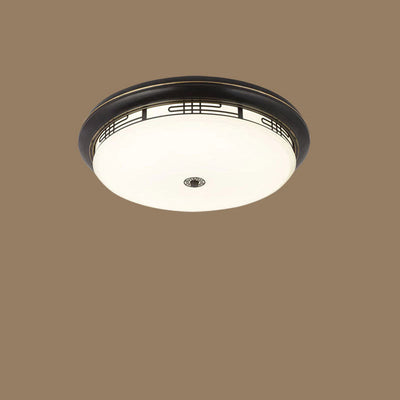 Traditional Chinese Iron Circular Glass Shade LED Flush Mount Ceiling Light For Hallway