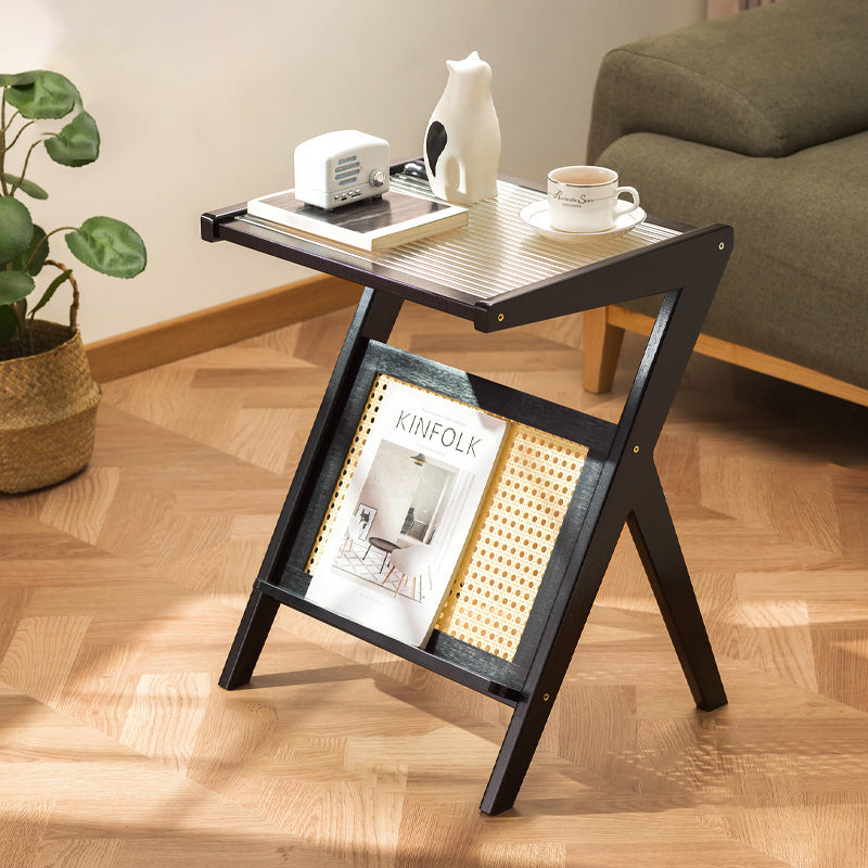 Contemporary Creative Rectangular Geometric Bamboo Glass Side Table 1-Shelf For Living Room