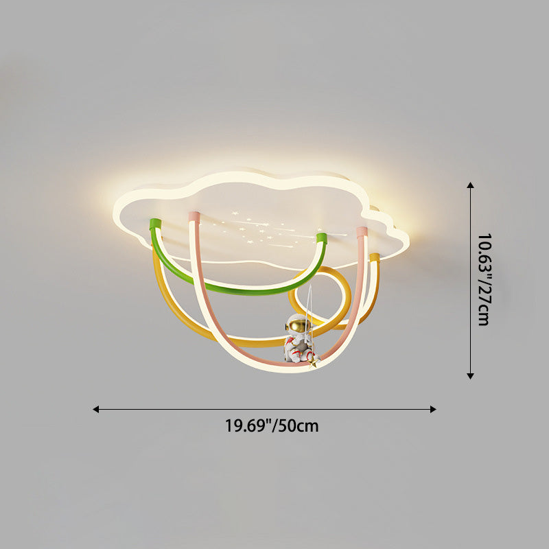 Contemporary Creative Cartoon Astronaut Cloud Iron Aluminum Rainbow Curve LED Kids Flush Mount Ceiling Light For Bedroom