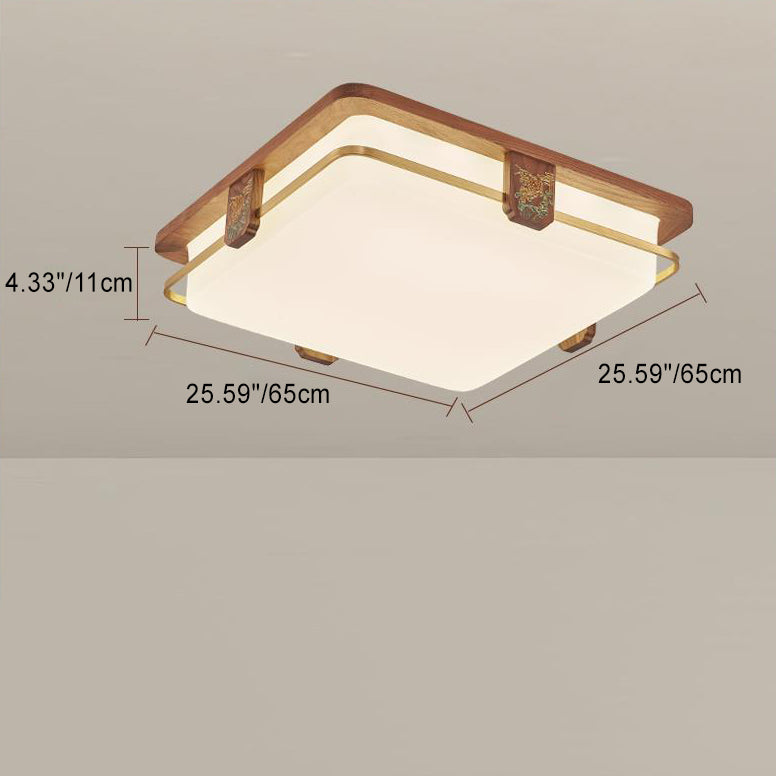 Traditional Chinese Walnut Copper Acrylic Round Square Rectangular LED Flush Mount Ceiling Light For Living Room