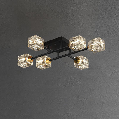 Contemporary Luxury Branch Rectangle Full Copper Crystal 4/6/8 Light Semi-Flush Mount Ceiling Light For Living Room