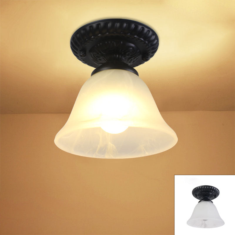 Contemporary Retro Floral Bell Round Iron Glass 1-Light Semi-Flush Mount Ceiling Light For Hallway