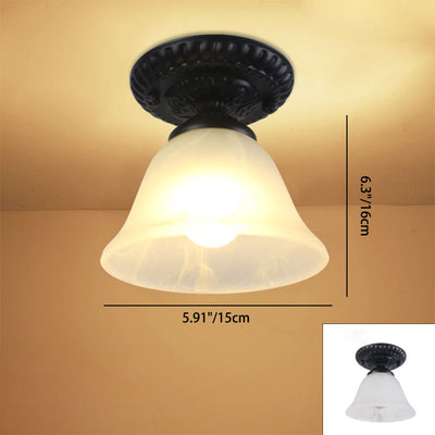 Contemporary Retro Floral Bell Round Iron Glass 1-Light Semi-Flush Mount Ceiling Light For Hallway