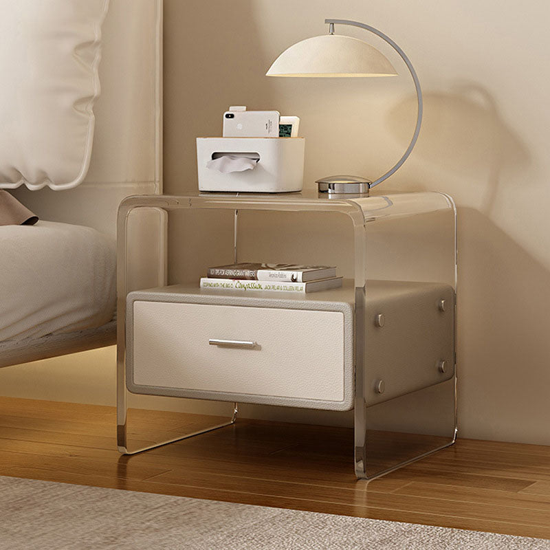 Modern Minimalist Cubic Rectangular Acrylic Wood Metal Nightstand 1-Drawer For Bedside