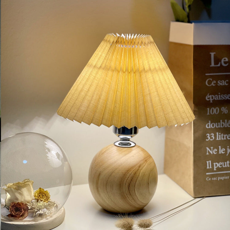 Modern Minimalist Round Fabric Pleated Ceramic LED Table Lamp For Bedroom