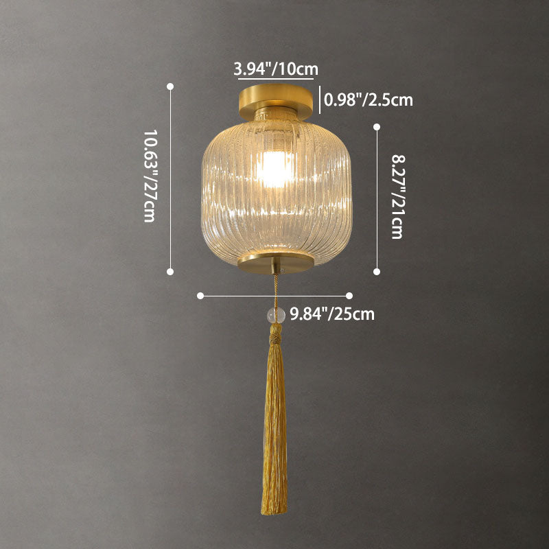 Traditional Chinese Lantern Spherical Copper Glass 1-Light Semi-Flush Mount Ceiling Light For Bedroom