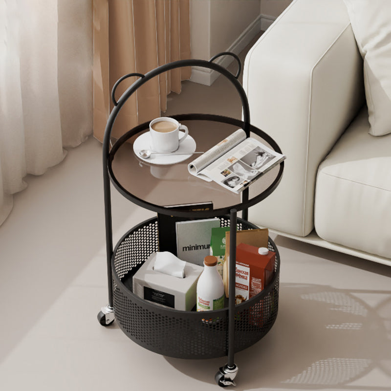 Contemporary Simplicity Round Glass Top Movable Side Table 2-Tier Storage Shelves For Living Room