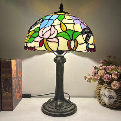 Traditional Tiffany Dome Flower Iron Glass 1-Light Table Lamp For Living Room