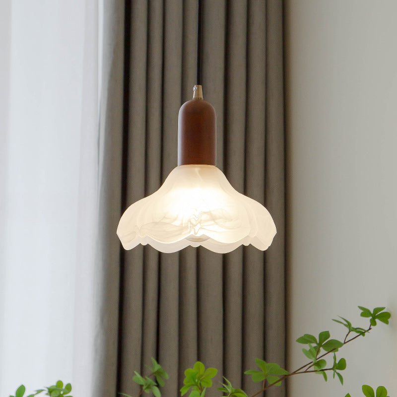 Traditional Japanese Cylinder Flower Solid Wood Glass 1-Light Pendant Light For Living Room