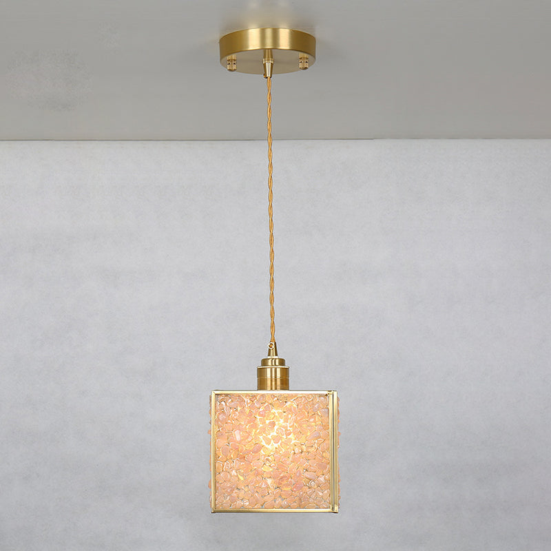 Modern Luxury Square Cube Gold Copper Frame Glass Shade 1-Light Pendant Light For Living Room