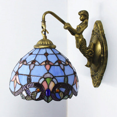 Traditional Tiffany Half Globe Mermaid Base Iron Glass 1-Light Wall Sconce Lamp For Bedroom