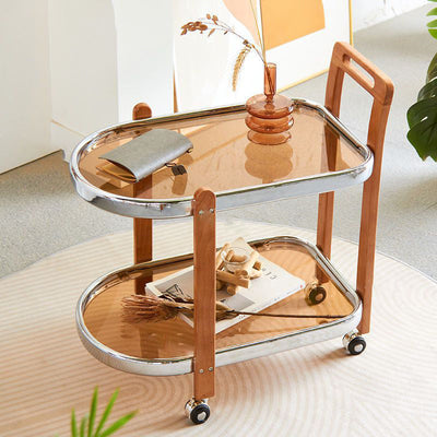 Traditional Japanese Removable Oval Wooden Stainless Steel Glass End Table 2-Tier For Living Room