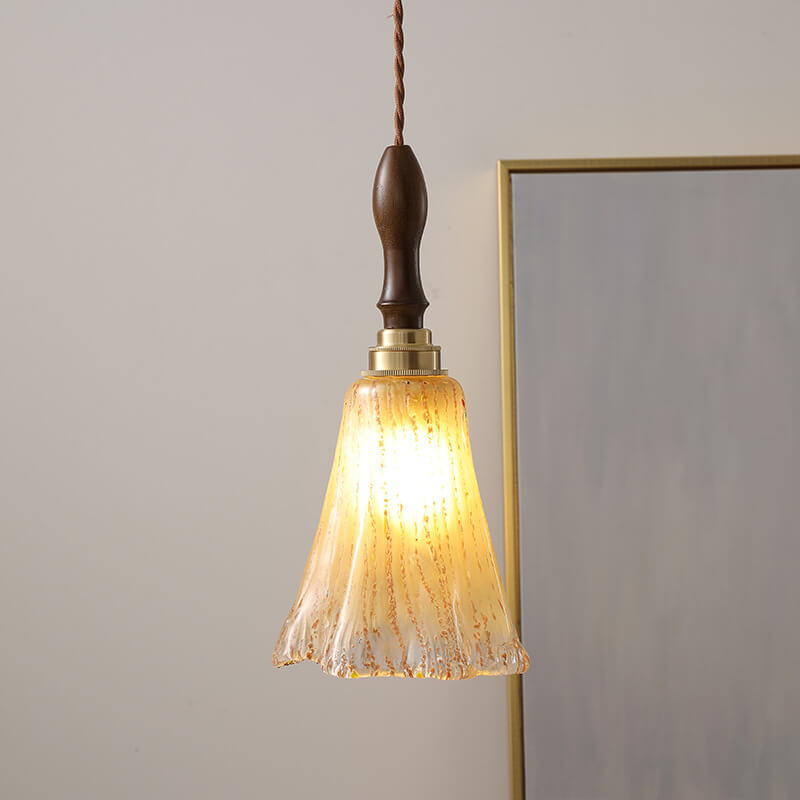 Lampe suspendue moderne et minimaliste à 1 lumière en bois de noyer et verre en forme de fleur 