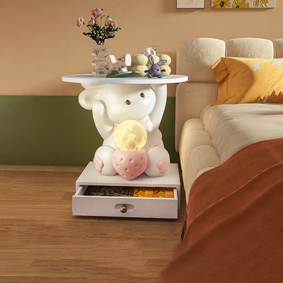 Modern Art Deco Kids Rabbit Round Plate Rectangular Drawer Resin Wood Enamel End Table 1-Drawer With LED Light For Bedroom