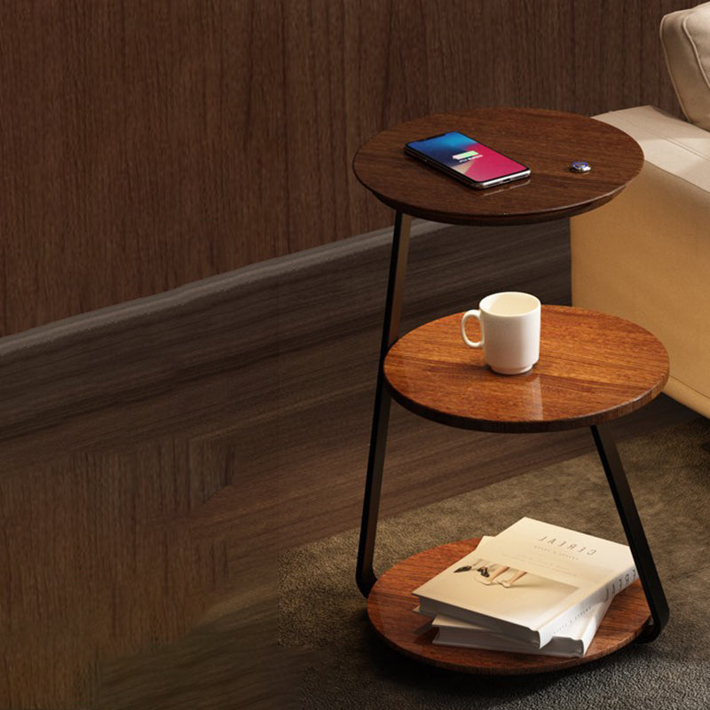 Contemporary Nordic Round Walnut Marble Iron Nightstand Mobile Phone Wireless Charging 2-Tier For Bedside