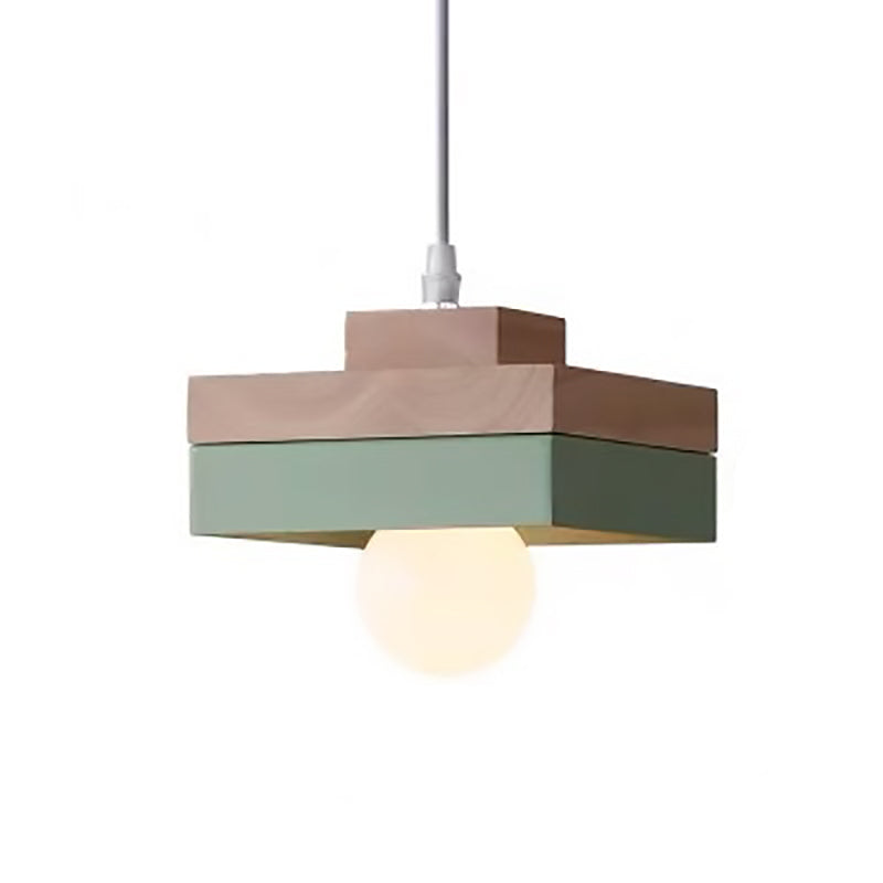 Modern Minimalist Macaron Square Iron Wood 1-Light Pendant Light For Living Room