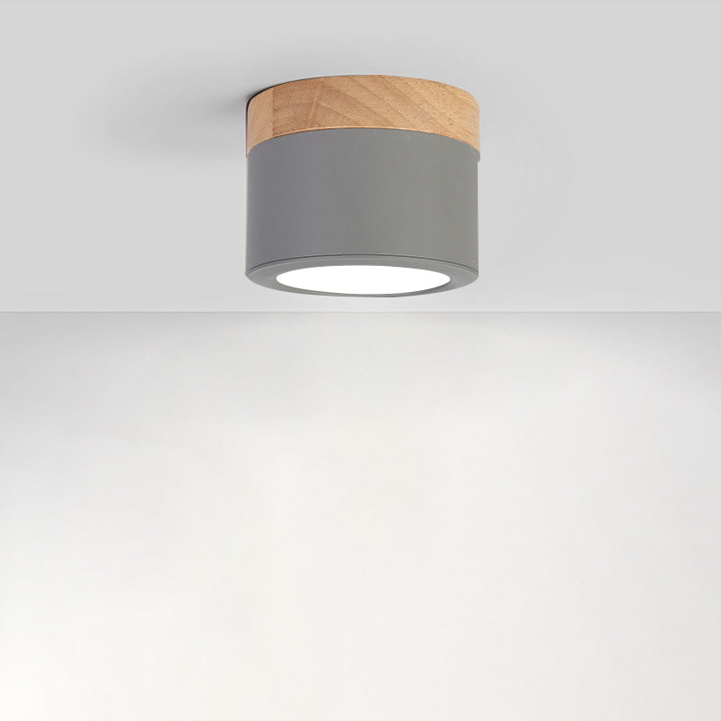 Contemporary Scandinavian Wood Iron Acrylic Cylinder LED Flush Mount Ceiling Light For Hallway