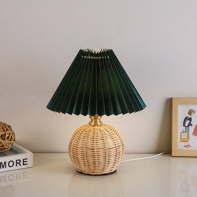 Contemporary Nordic Rattan Fabric Pleated Conic Ball LED Table Lamp For Bedroom