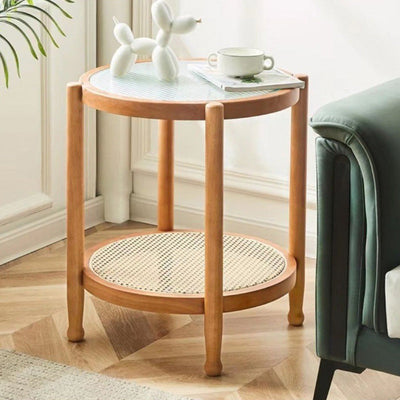 Modern Minimalist Round Horizontal Strip Glass Rattan Wooden Coffee Table 2-Tier For Living Room