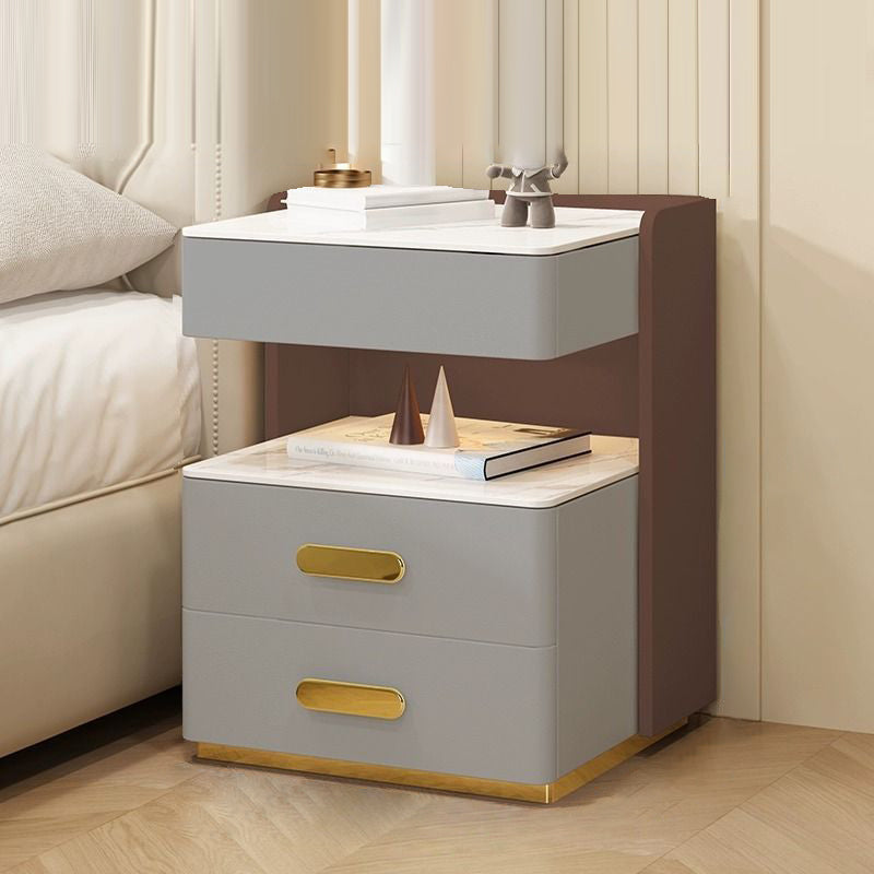 Contemporary Luxury Rectangular Rock Slab Solid Wood Leather Nightstand 2-Drawer For Bedroom