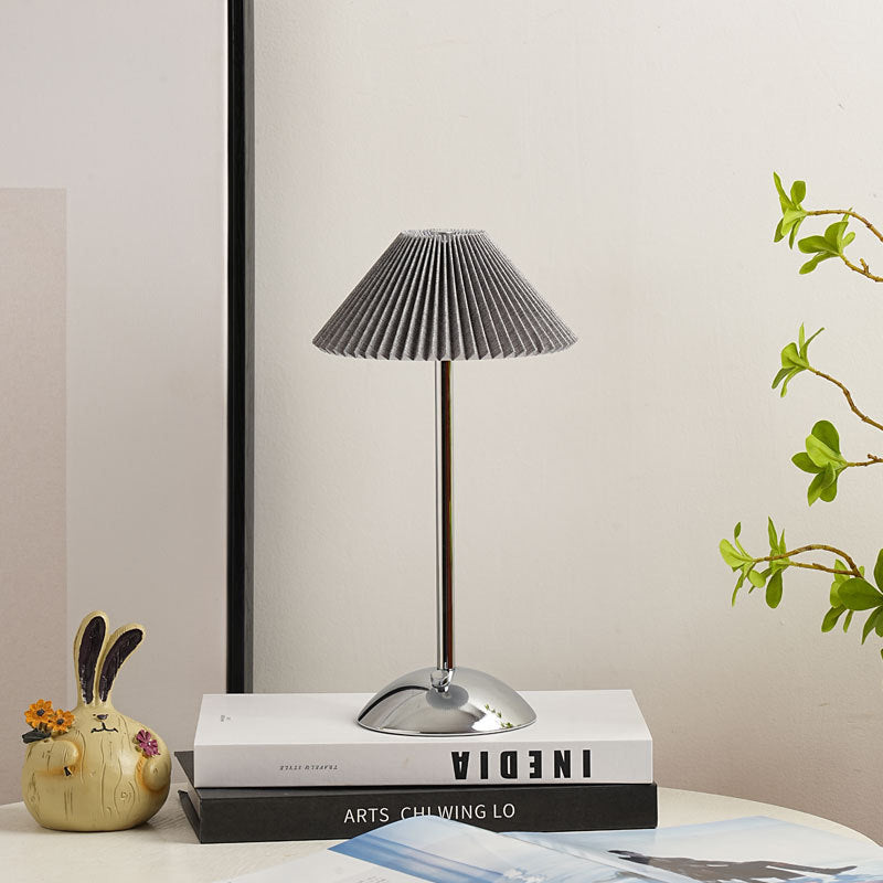 Contemporary Scandinavian Rechargeable Iron Fabric Conic Pleated LED Table Lamp For Bedside