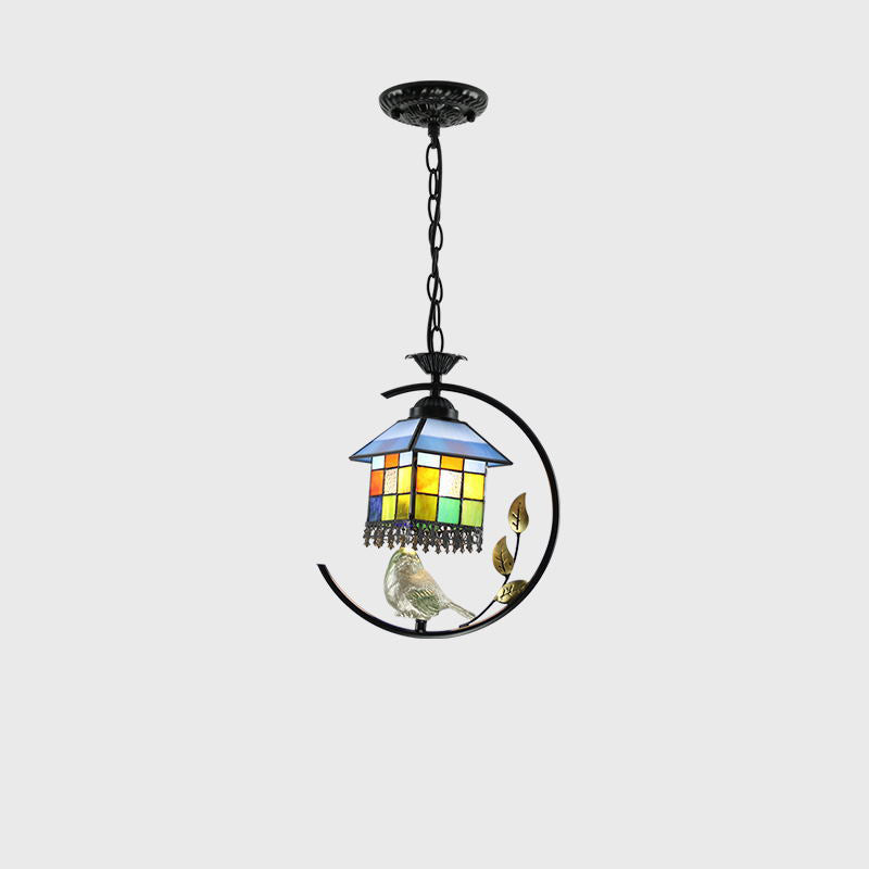 Traditional Tiffany Mediterranean Stained Glass Bird Decoration 1-Light Pendant For Living Room