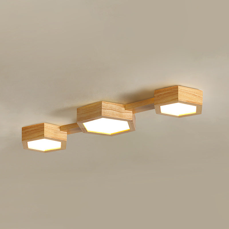 Traditional Japanese Hexagon Wood Acrylic LED Flush Mount Ceiling Light For Living Room