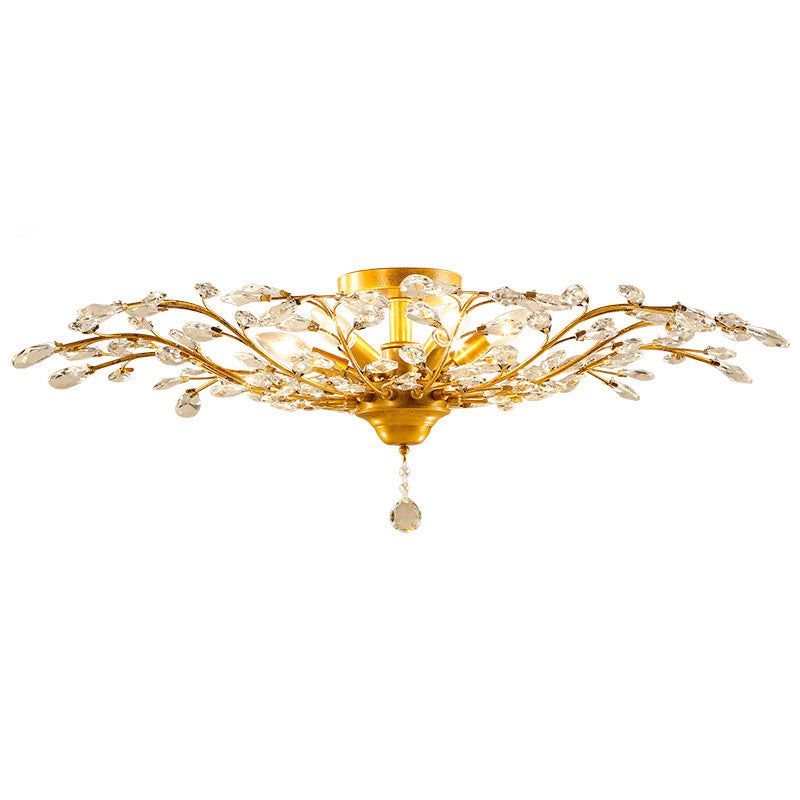 Traditional European Branch Iron Crystal 4/5/6 Light Semi-Flush Mount Ceiling Light For Living Room