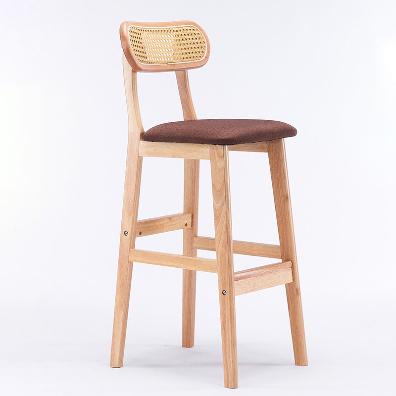 Modern Minimalist PU Leather Rattan Upholstered Rubberwood Counter Stool Open Back Footrest For Kitchen