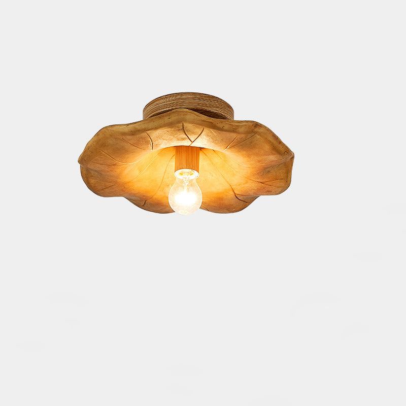 Traditional Vintage Lotus Leaf Resin Fiber Glass 1-Light Semi-Flush Mount Ceiling Light For Bedroom