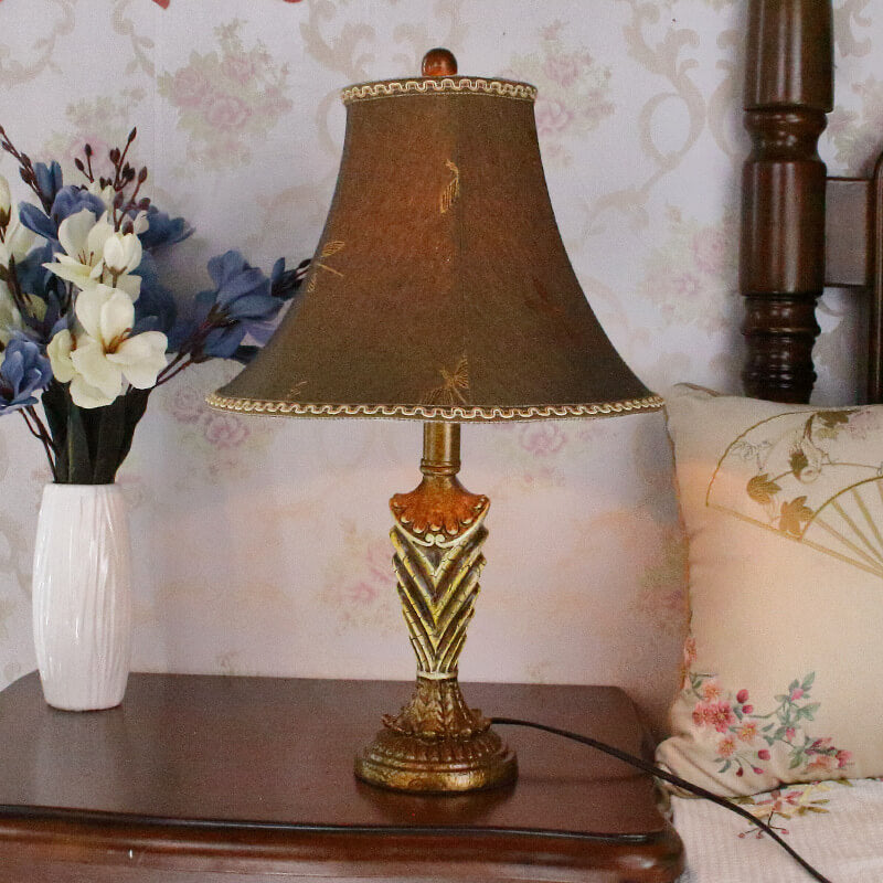 Traditional European Cylinder Carved Stripe Base Resin Fabric 1-Light Table Lamp For Bedroom