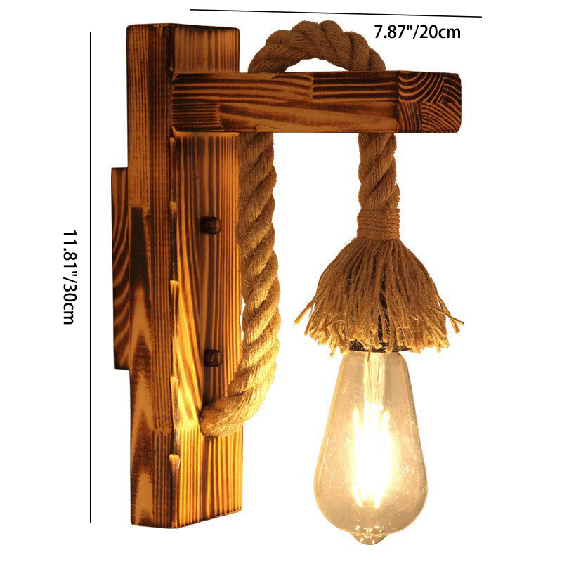 Contemporary Industrial Wood Hemp Rope Iron Glass Cubic Pendant 1-Light Wall Sconce Lamp For Hallway