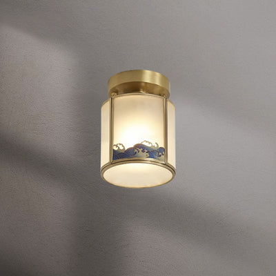 Traditional Chinese Brass Glass Cylinder 1-Light Semi-Flush Mount Ceiling Light For Living Room