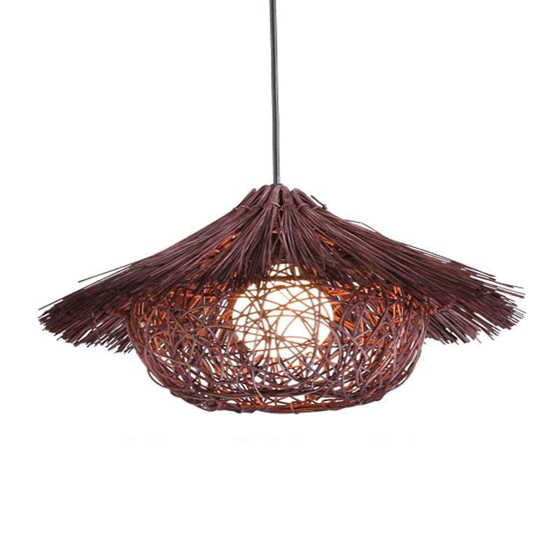 Traditional Rustic Rattan Weaving Straw Hat 1-Light Pendant Light For Dining Room