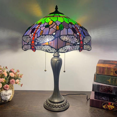 Traditional Tiffany Umbrella Flower Dragonfly Alloy Stained Glass 2-Light Table Lamp For Bedroom