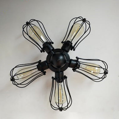 Contemporary Industrial Iron Frame Round Shade 5-Light Semi-Flush Mount Ceiling Light For Living Room