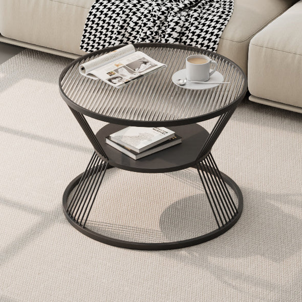 Modern Minimalist Round Hourglass Shape Glass Iron Coffee Table 2-Tier For Living Room