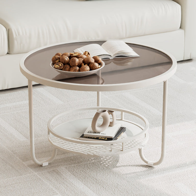 Modern Simplicity Round Striped Glass Slab Metal Coffee Table 2-Tier For Living Room