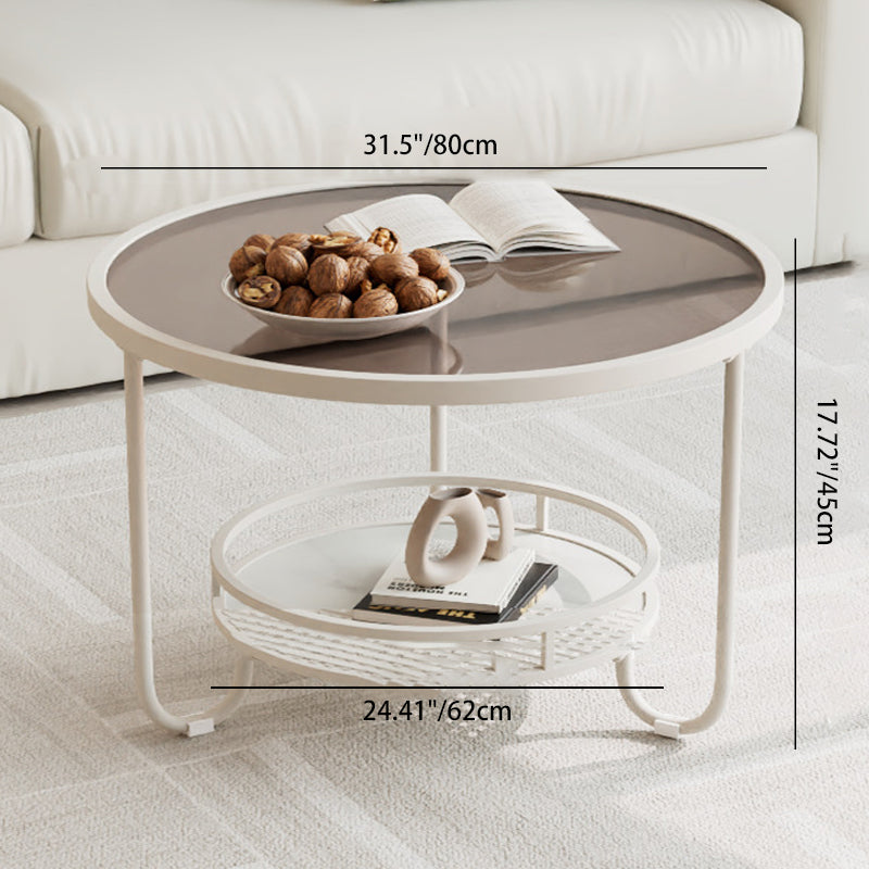 Modern Simplicity Round Striped Glass Slab Metal Coffee Table 2-Tier For Living Room