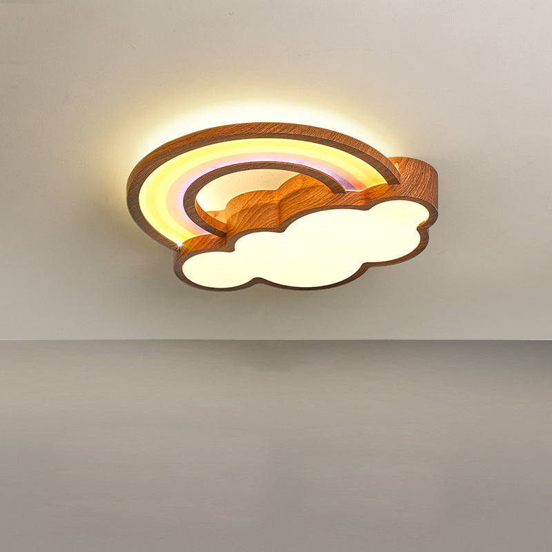 Contemporary Creative Woodgrain Cartoon Animal Bee Aircraft Acrylic LED Kids Flush Mount Ceiling Light For Living Room