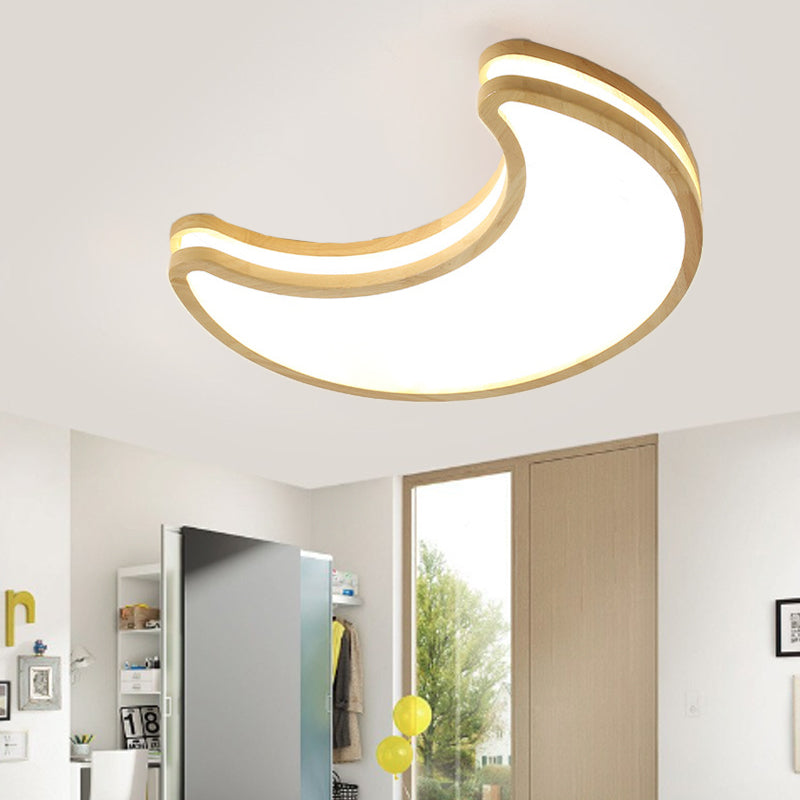 Contemporary Nordic Kids Rubber Wood Glass Star Cloud Moon LED Flush Mount Ceiling Light For Bedroom