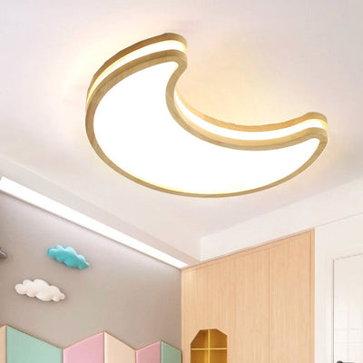 Contemporary Nordic Kids Rubber Wood Glass Star Cloud Moon LED Flush Mount Ceiling Light For Bedroom