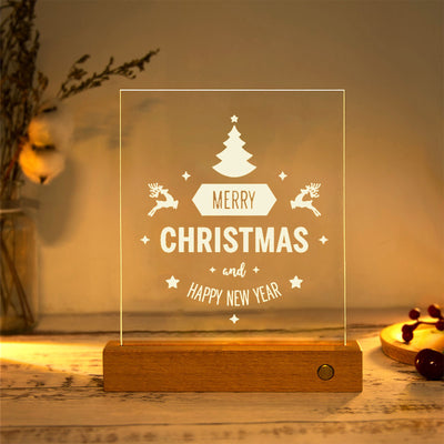 Modern Christmas Rectangular Acrylic Plate Solid Wood USB LED Table Lamp