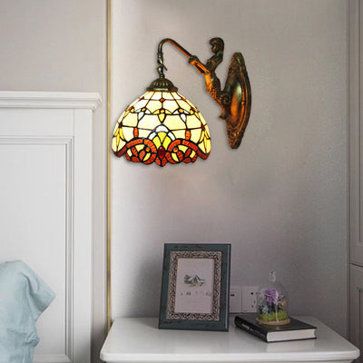 Traditional Tiffany Half Globe Mermaid Base Iron Glass 1-Light Wall Sconce Lamp For Bedroom